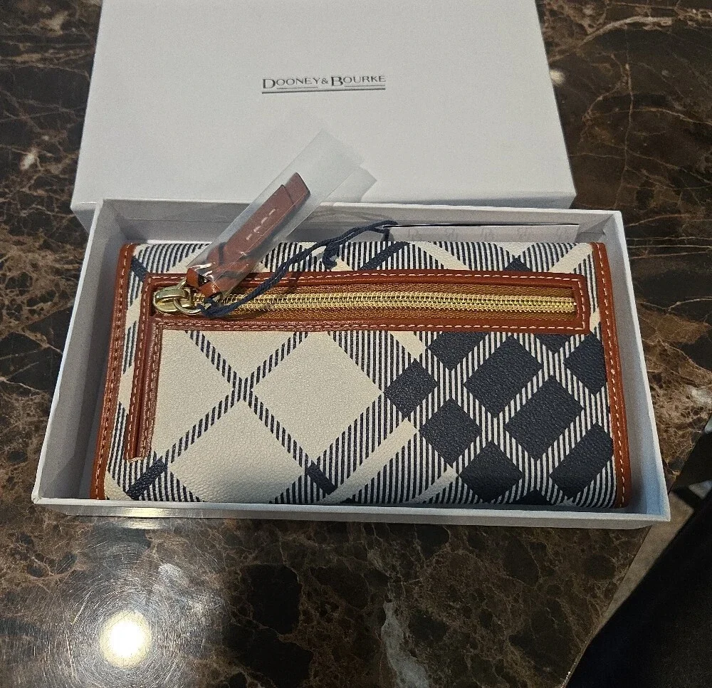 Dooney & Bourke Navy and White Plaid Wallet with Brown Trim and Gold Plaque - Picture 2 of 3
